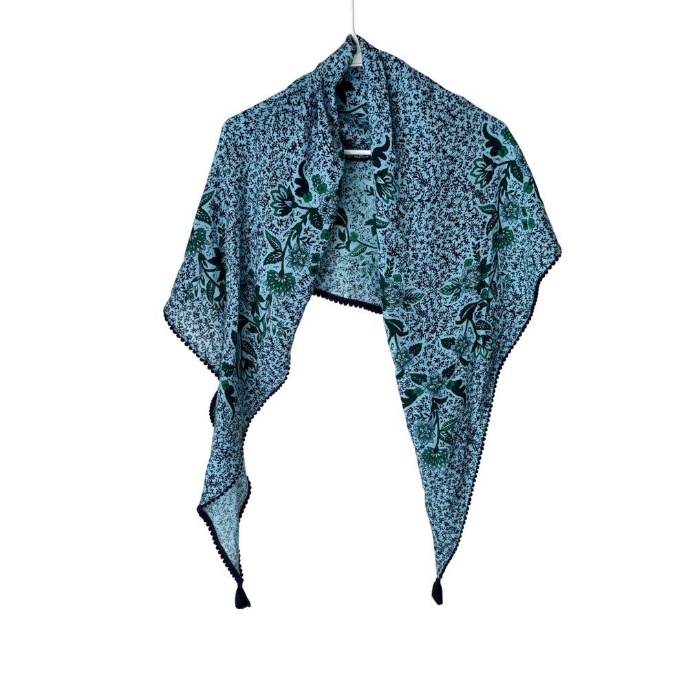 J. Jill Blue Sky Multi Floral Cotton Scarf with Pom Pom Trim NWT